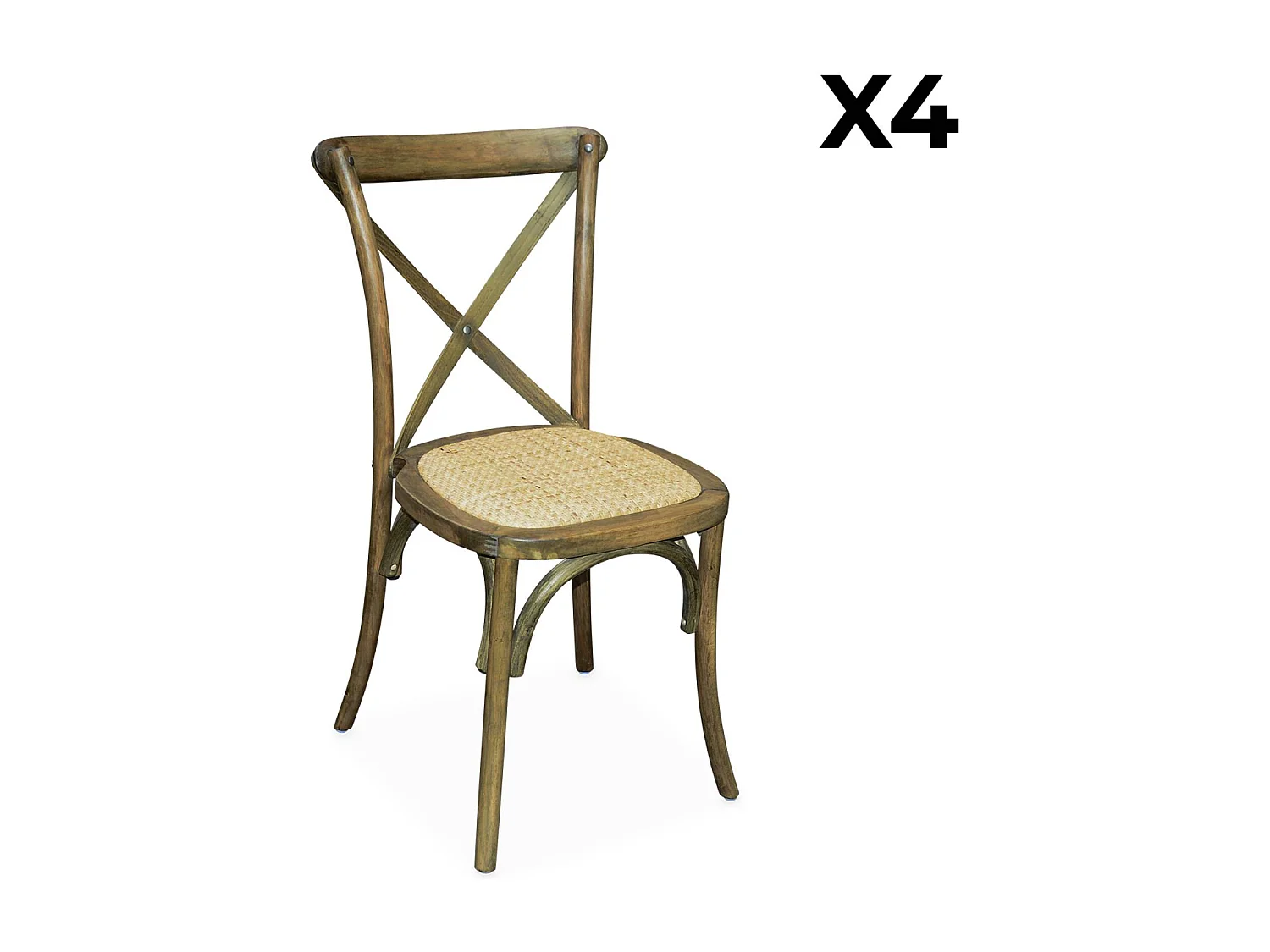 Lot de 4 chaises de bistrot en bois d'hévéa marron vieilli. vintage. assise en rotin. empilables