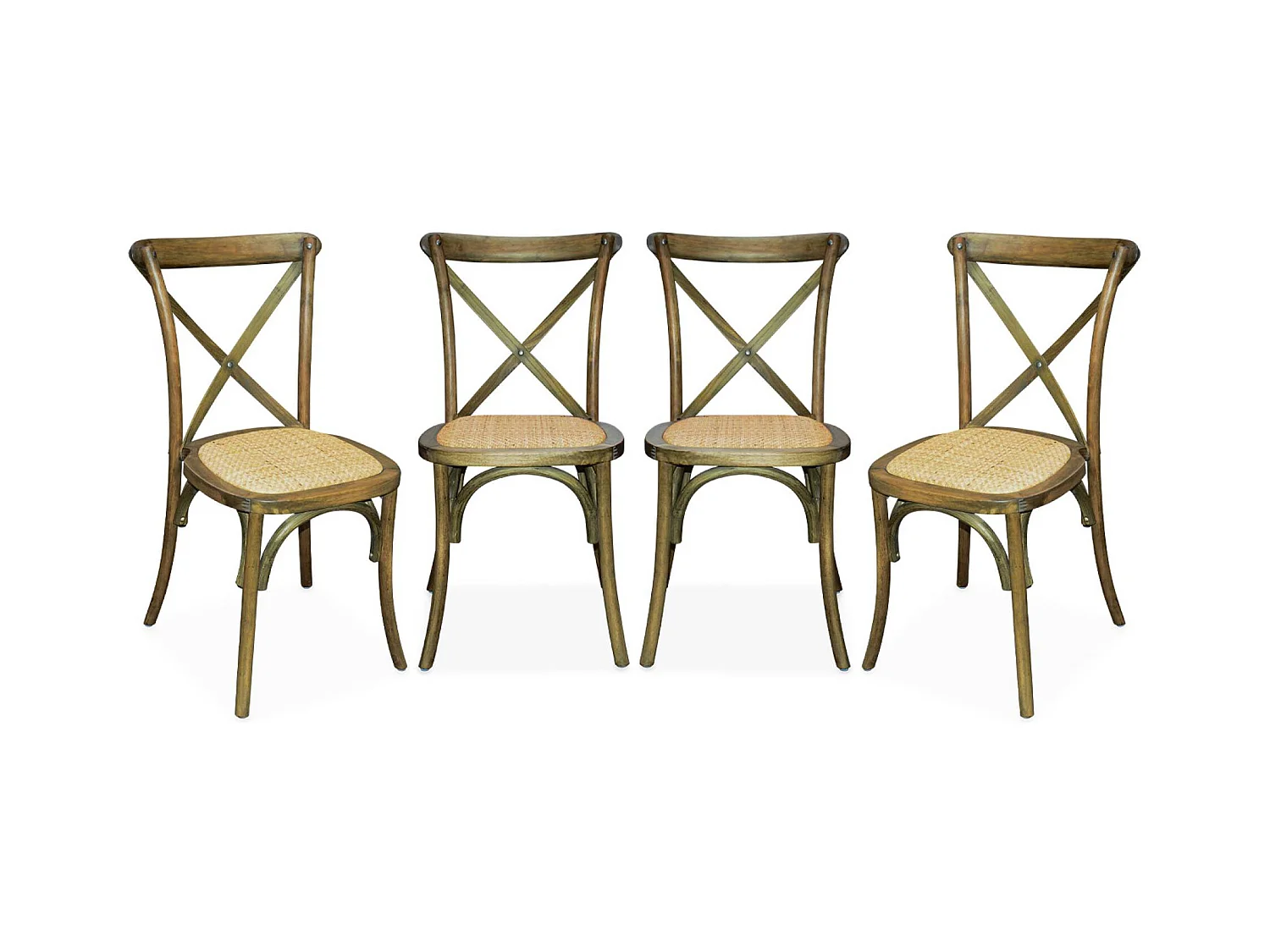 Lot de 4 chaises de bistrot en bois d'hévéa marron vieilli. vintage. assise en rotin. empilables