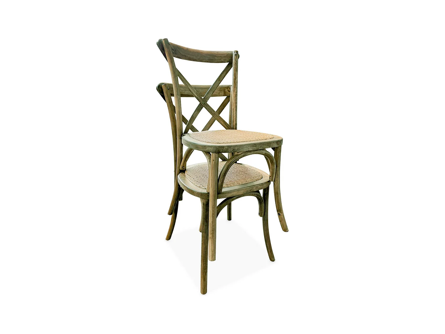 Lot de 4 chaises de bistrot en bois d'hévéa marron vieilli. vintage. assise en rotin. empilables