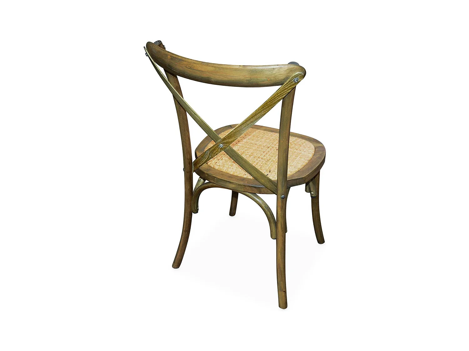 Lot de 4 chaises de bistrot en bois d'hévéa marron vieilli. vintage. assise en rotin. empilables
