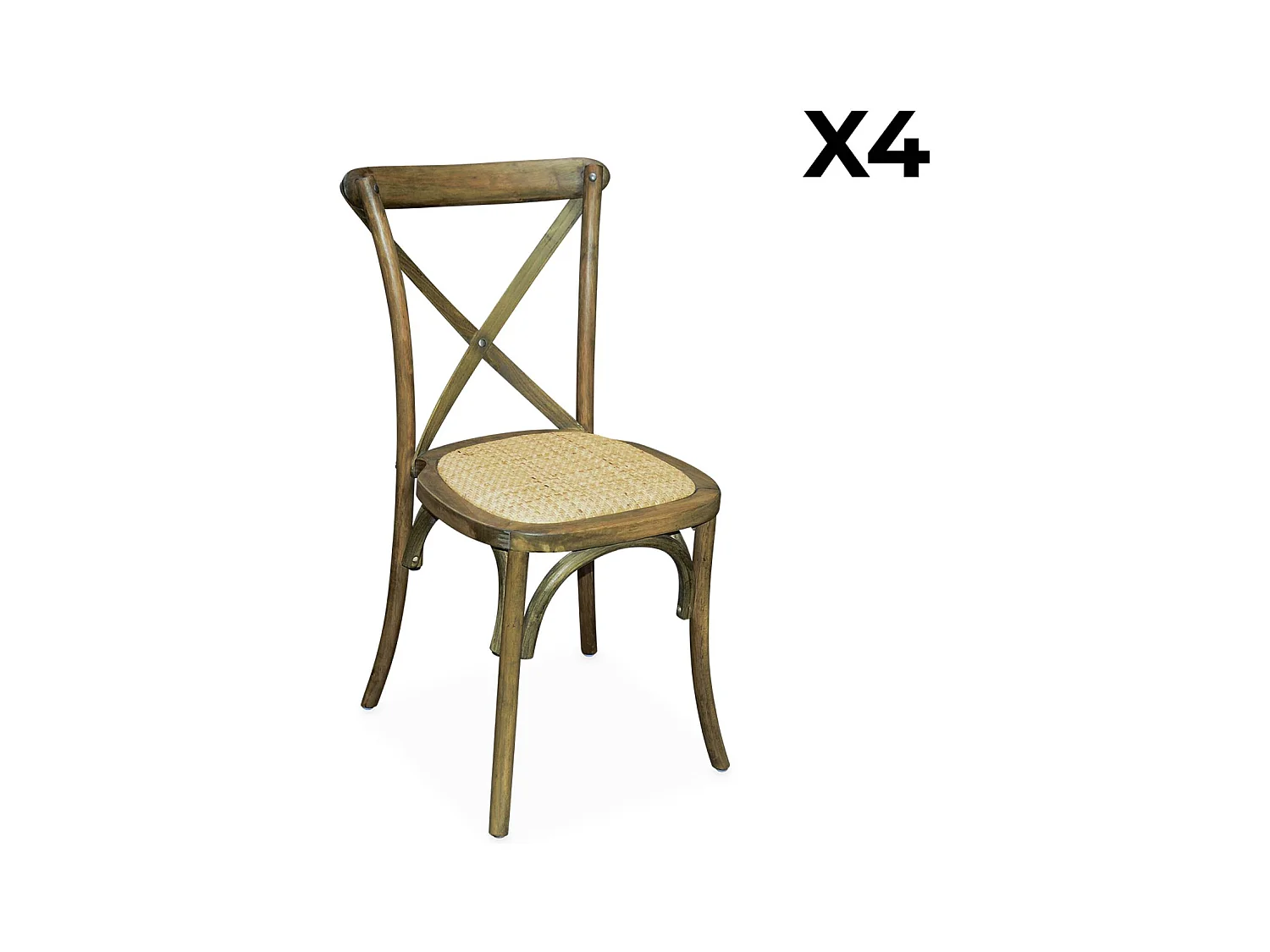 Lot de 4 chaises de bistrot en bois d'hévéa marron vieilli. vintage. assise en rotin. empilables