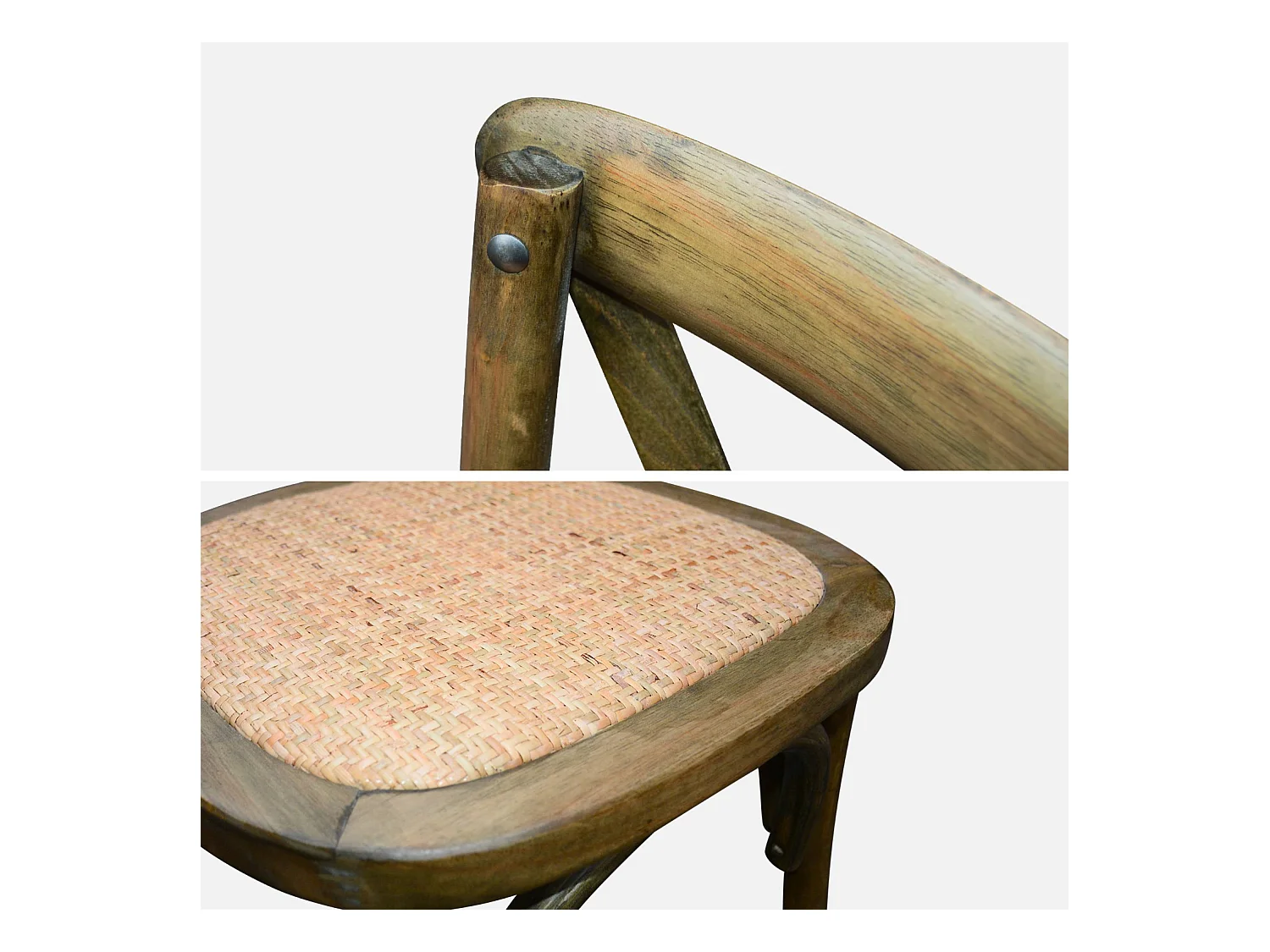 Lot de 4 chaises de bistrot en bois d'hévéa marron vieilli. vintage. assise en rotin. empilables