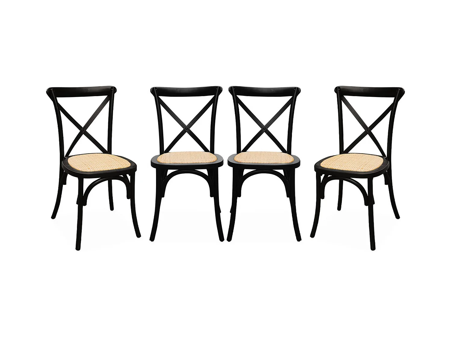 Lot de 4 chaises de bistrot en bois d'hévéa noir. vintage. assise en rotin. empilables