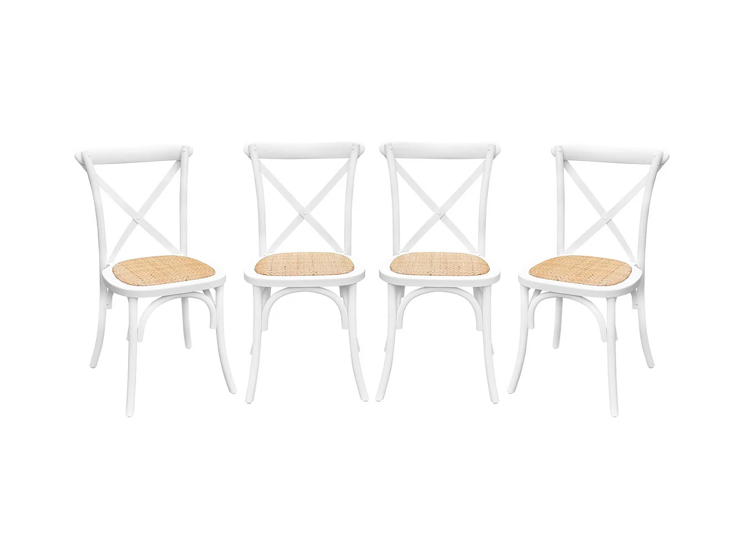 Lot de 4 chaises de bistrot en bois d'hévéa blanc. vintage. assise en rotin. empilables