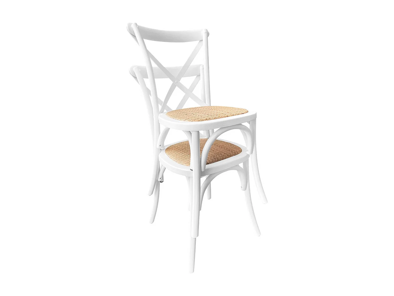 Lot de 4 chaises de bistrot en bois d'hévéa blanc. vintage. assise en rotin. empilables