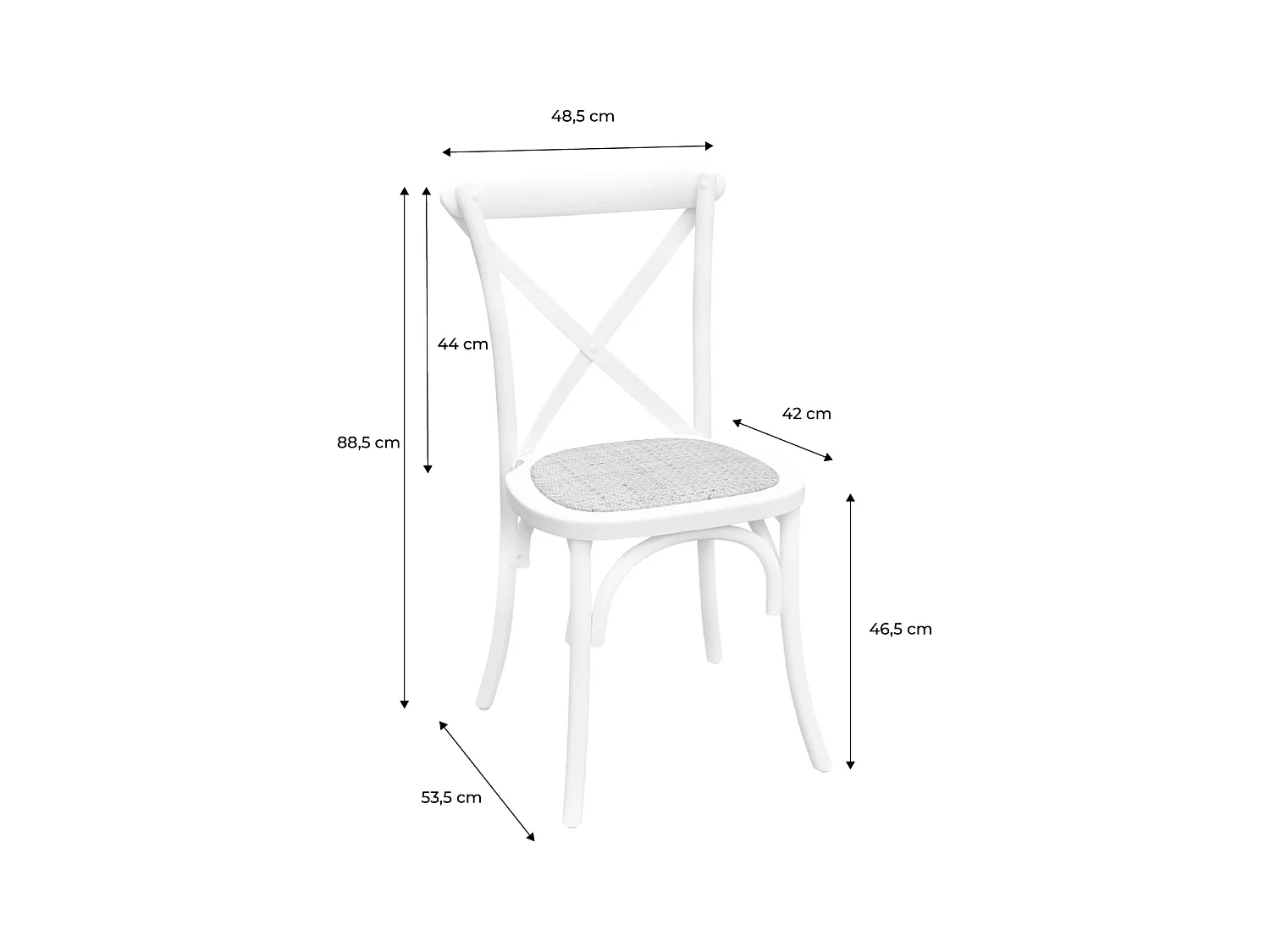 Lot de 4 chaises de bistrot en bois d'hévéa blanc. vintage. assise en rotin. empilables
