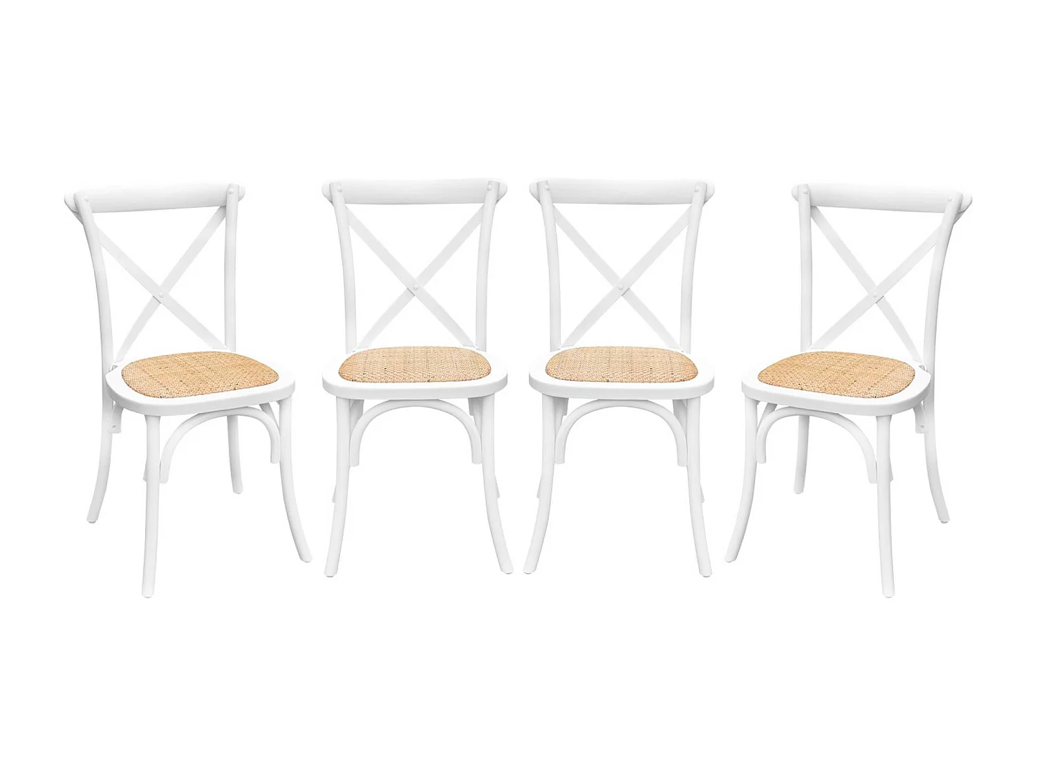 Lot de 4 chaises de bistrot en bois d'hévéa blanc. vintage. assise en rotin. empilables