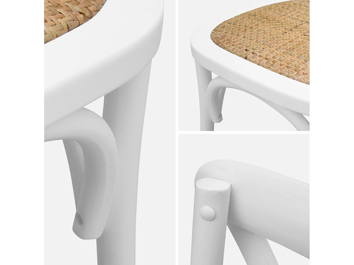 Lot de 4 chaises de bistrot en bois d'hévéa blanc. vintage. assise en rotin. empilables