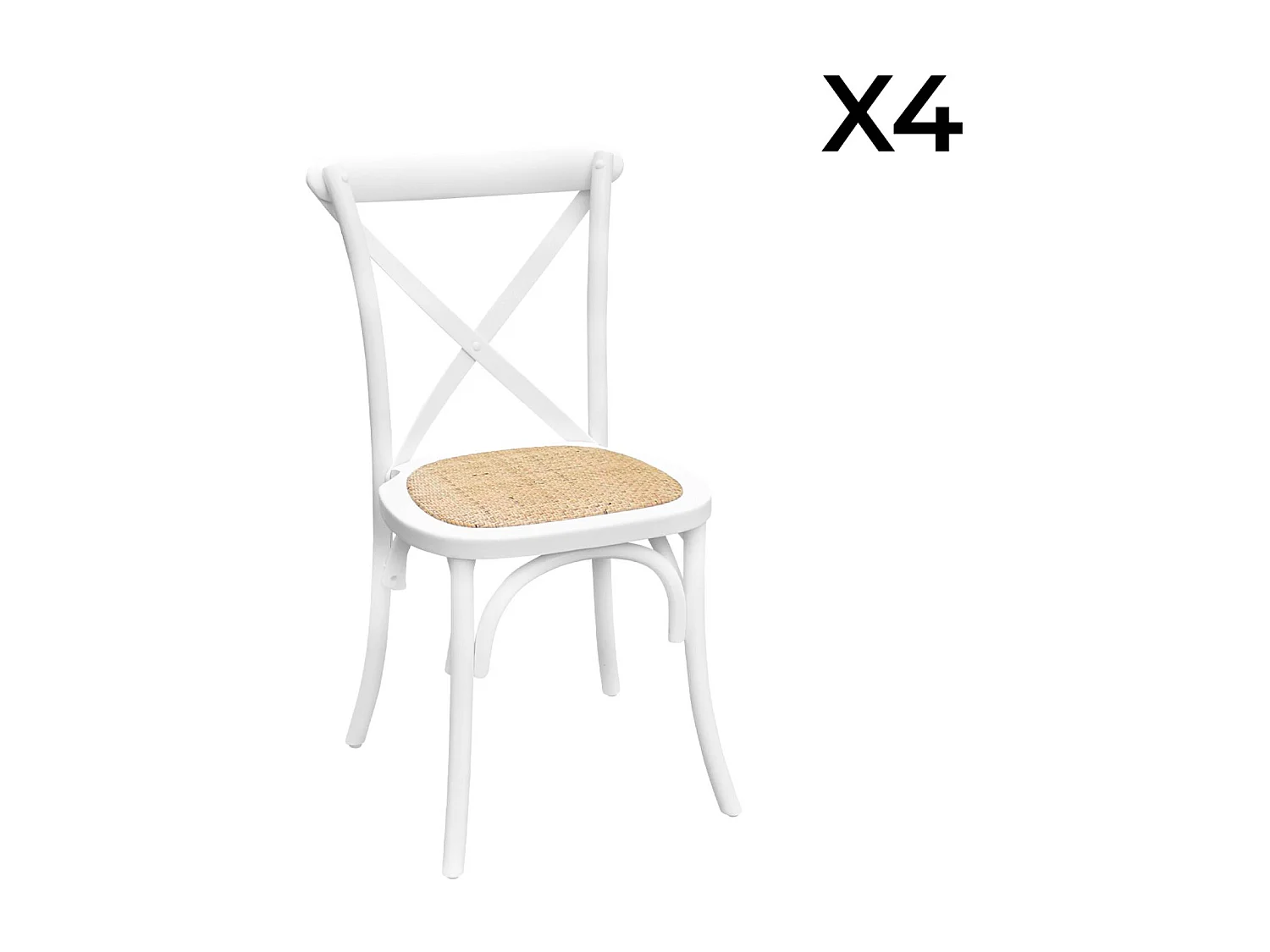 Lot de 4 chaises de bistrot en bois d'hévéa blanc. vintage. assise en rotin. empilables