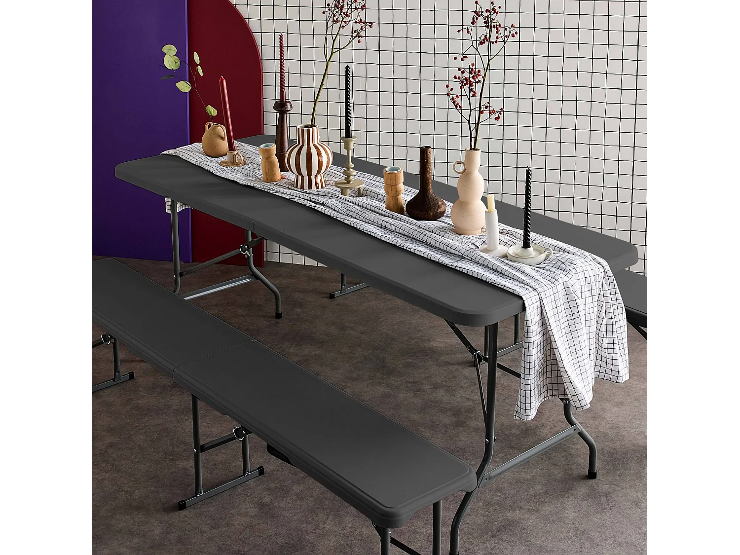 Set de table et bancs de réception. 180cm. pliables. avec poignée de transport. plastique gris foncé. table de camping