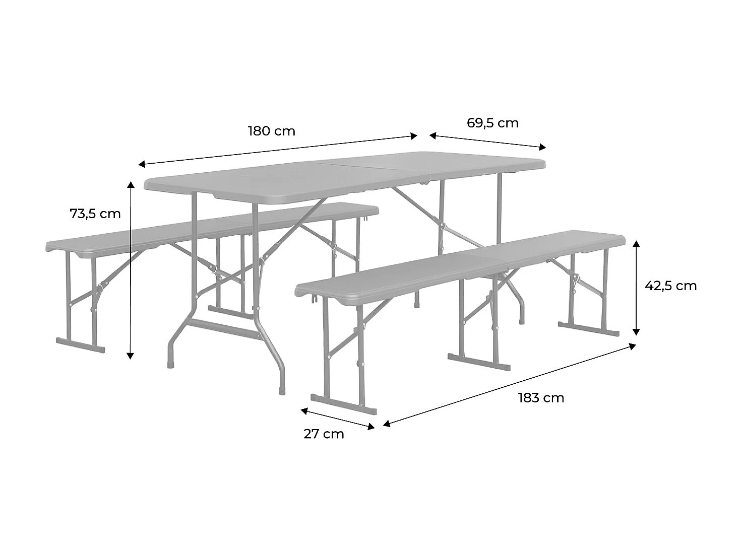 Set de table et bancs de réception. 180cm. pliables. avec poignée de transport. plastique gris foncé. table de camping