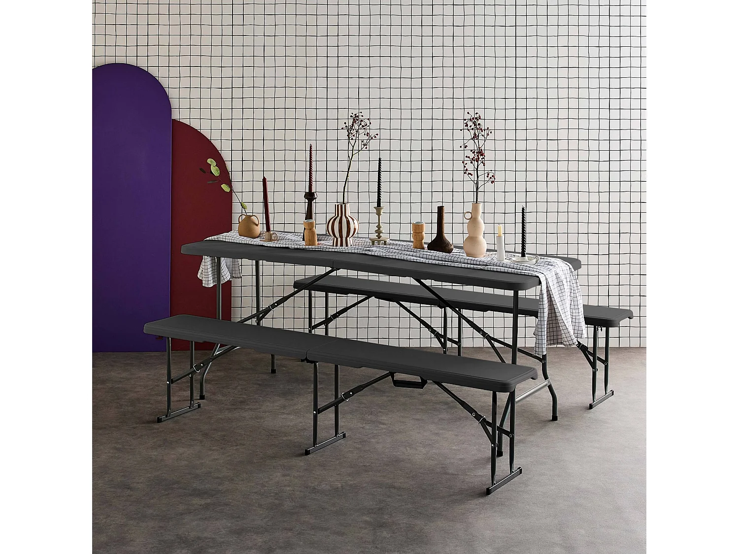 Set de mesa y bancos plegables portátiles para eventos gris oscuro