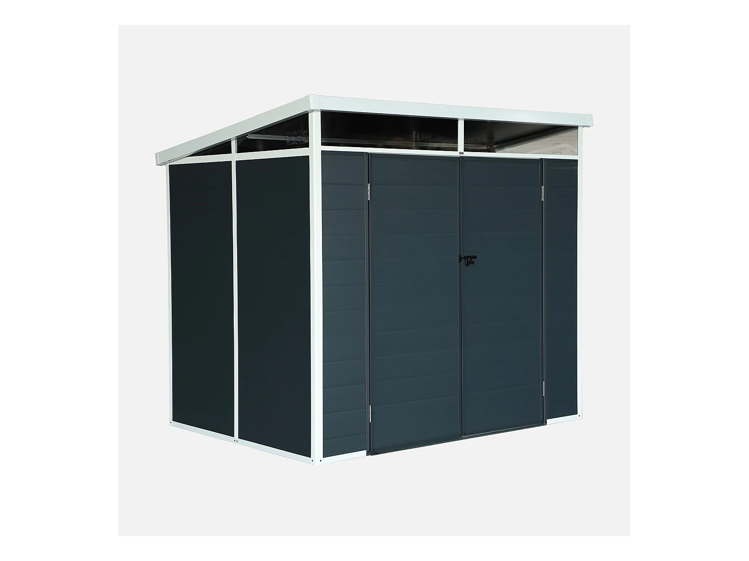 Abri de jardin plastique 4.55 m². anthracite. avec toiture monopente skylight. fenêtre et grande porte d'entrée. 238 x 190 x 215 cm