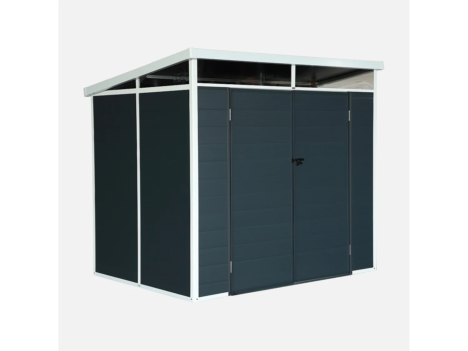 Abri de jardin plastique 4.55 m². anthracite. avec toiture monopente skylight. fenêtre et grande porte d'entrée. 238 x 190 x 215 cm
