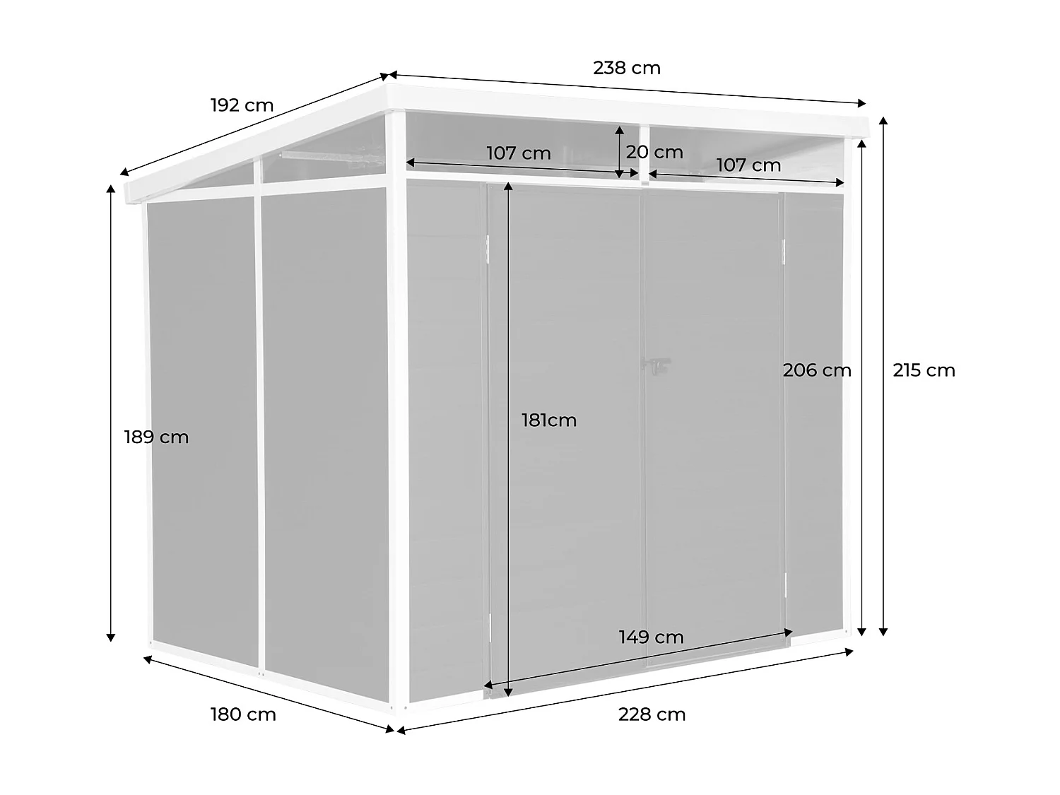 Abri de jardin plastique 4.55 m². anthracite. avec toiture monopente skylight. fenêtre et grande porte d'entrée. 238 x 190 x 215 cm