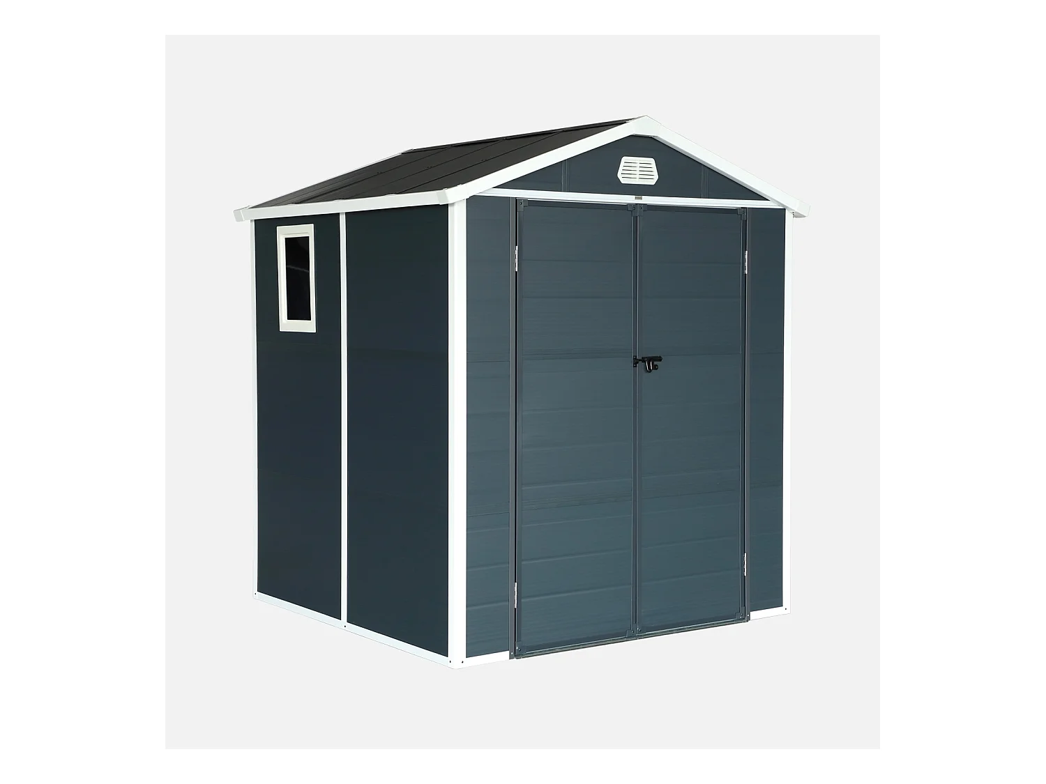 Abri de jardin plastique 3.65 m². anthracite. acier et aluminium. toiture en double pente et grande porte d'entée. 192 x 190 x 219cm