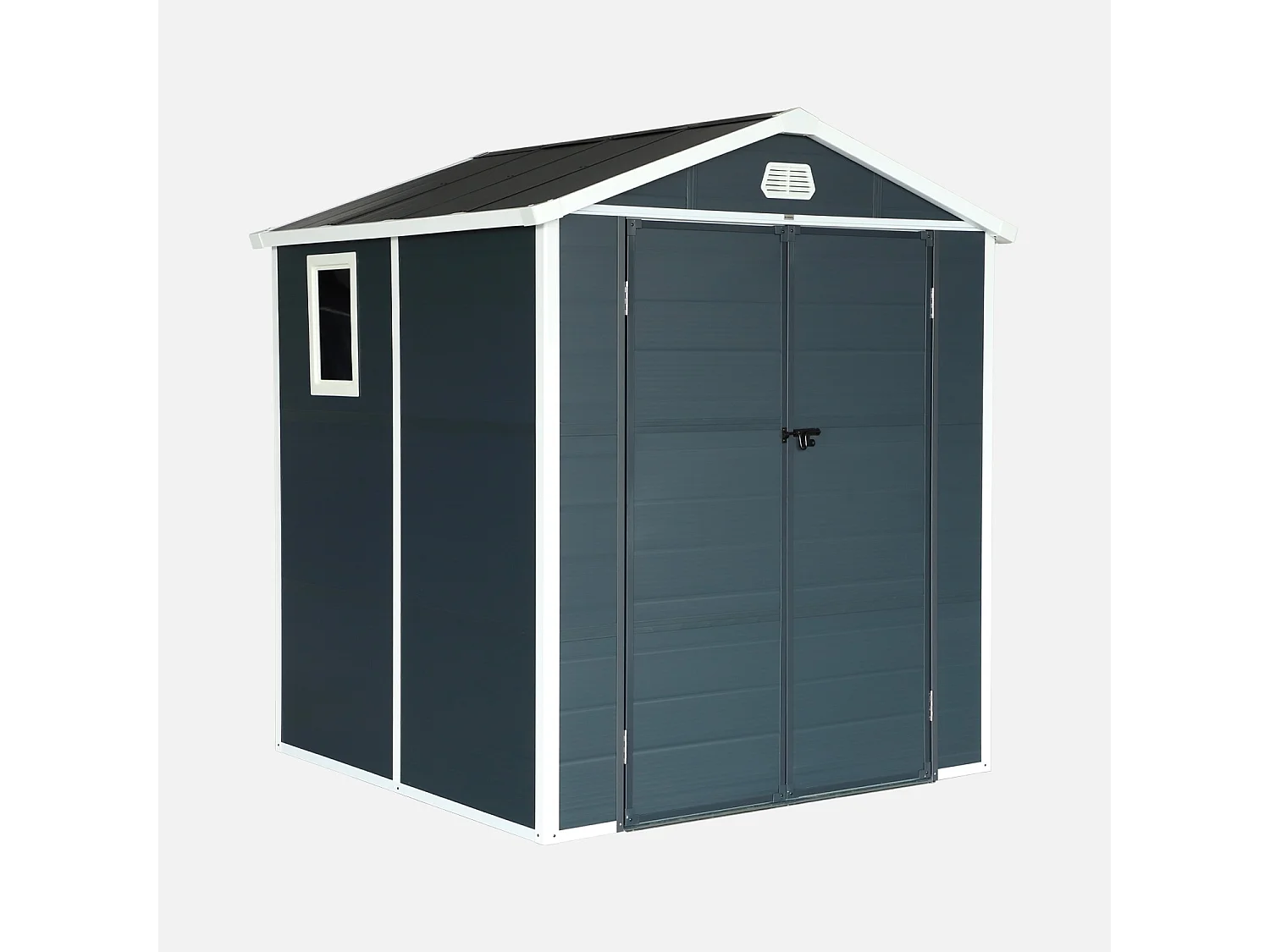 Abri de jardin plastique 3.65 m². anthracite. acier et aluminium. toiture en double pente et grande porte d'entée. 192 x 190 x 219cm