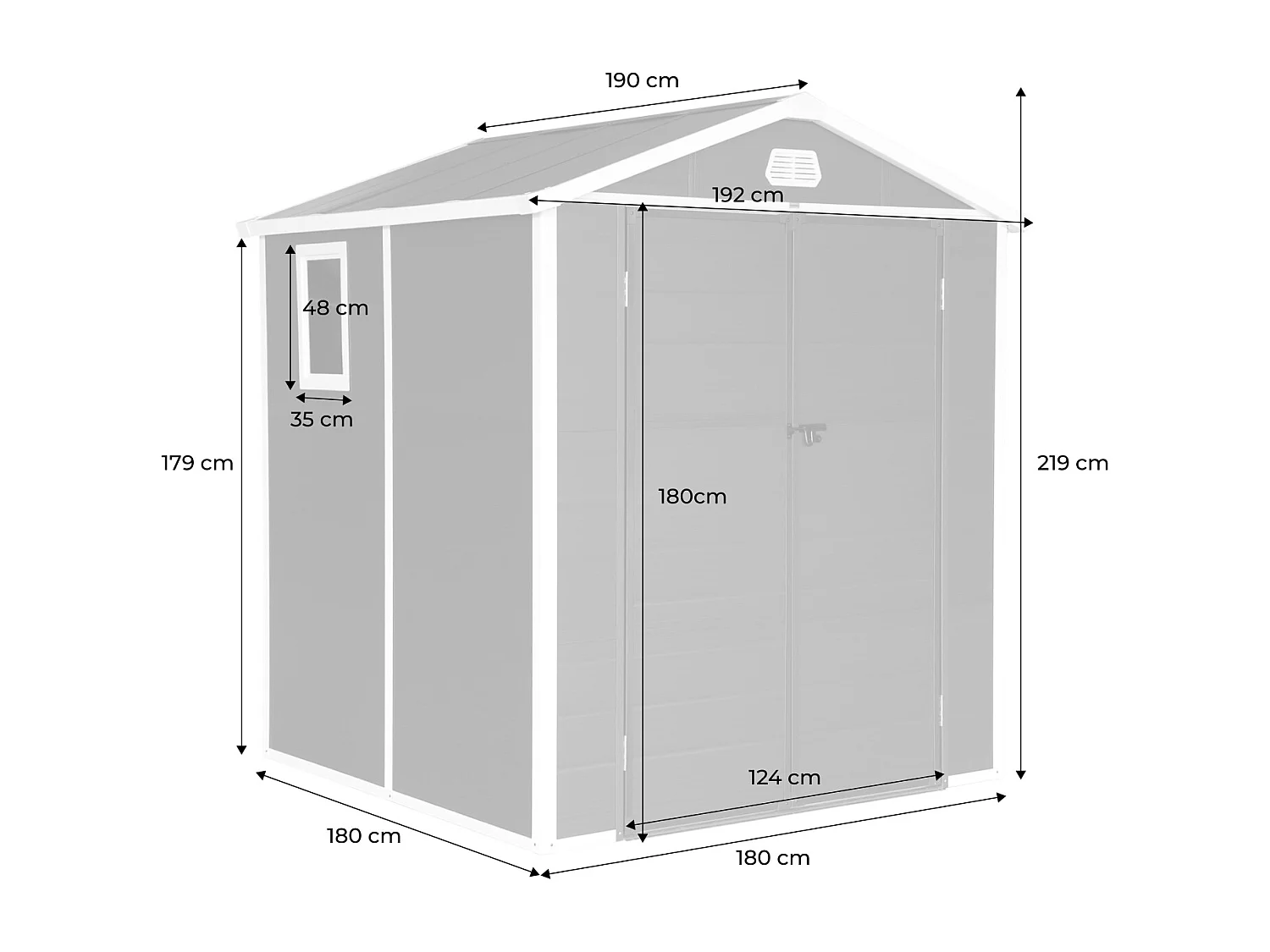 Abri de jardin plastique 3.65 m². anthracite. acier et aluminium. toiture en double pente et grande porte d'entée. 192 x 190 x 219cm