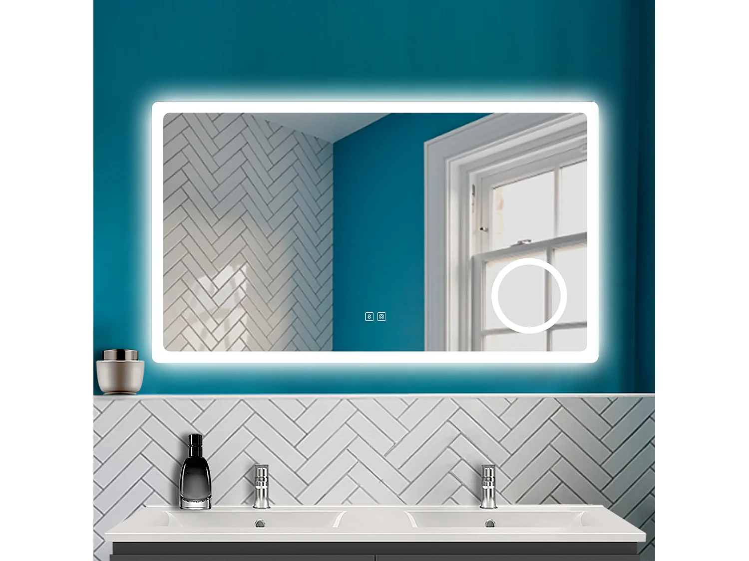 AICA 100 x 60 cm Specchio da bagno rettangolare a LED con Bluetooth + lente d'ingrandimento + antiappannamento + 3 temperature di colore