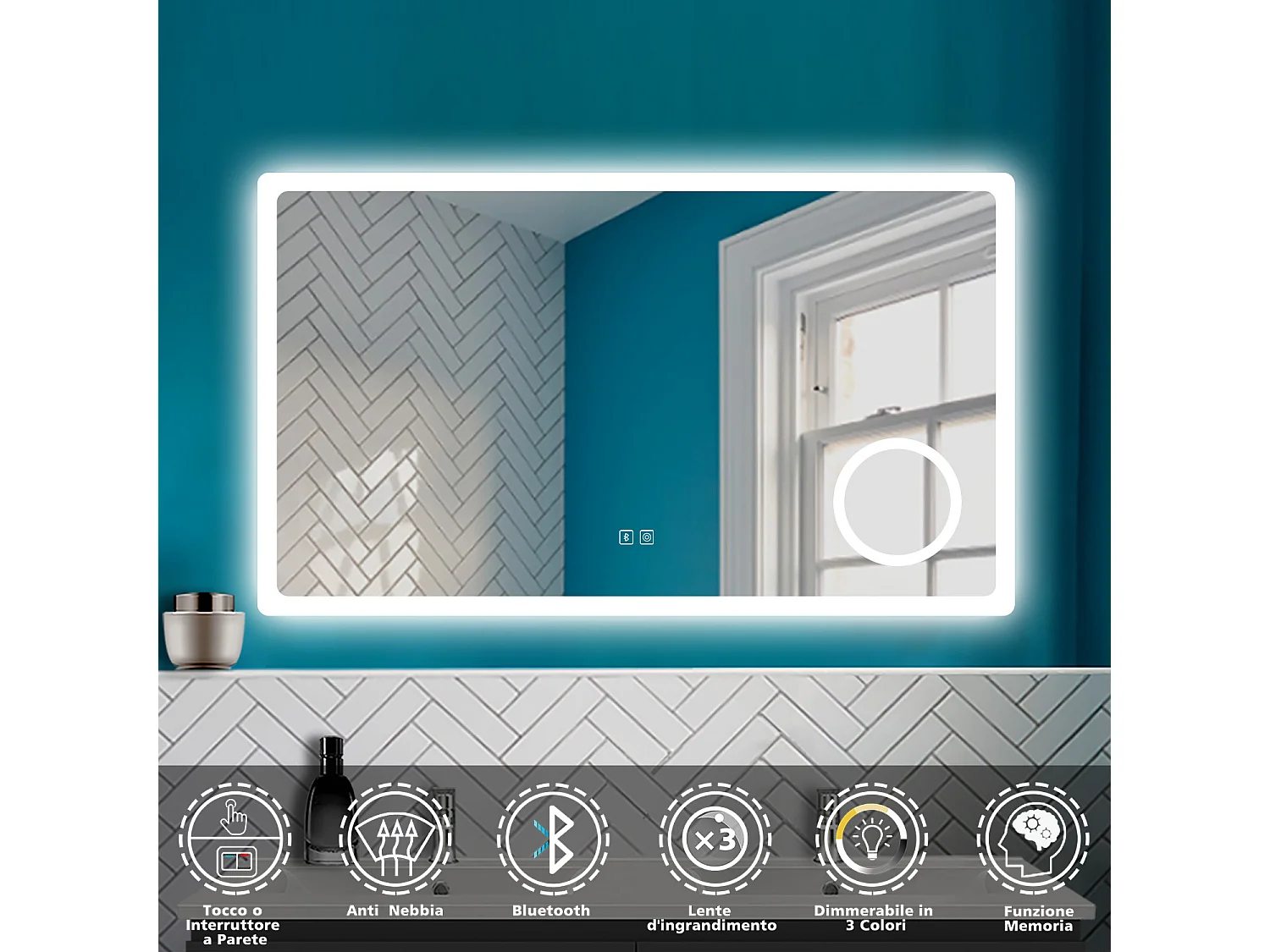 AICA 100 x 60 cm Specchio da bagno rettangolare a LED con Bluetooth + lente d'ingrandimento + antiappannamento + 3 temperature di colore