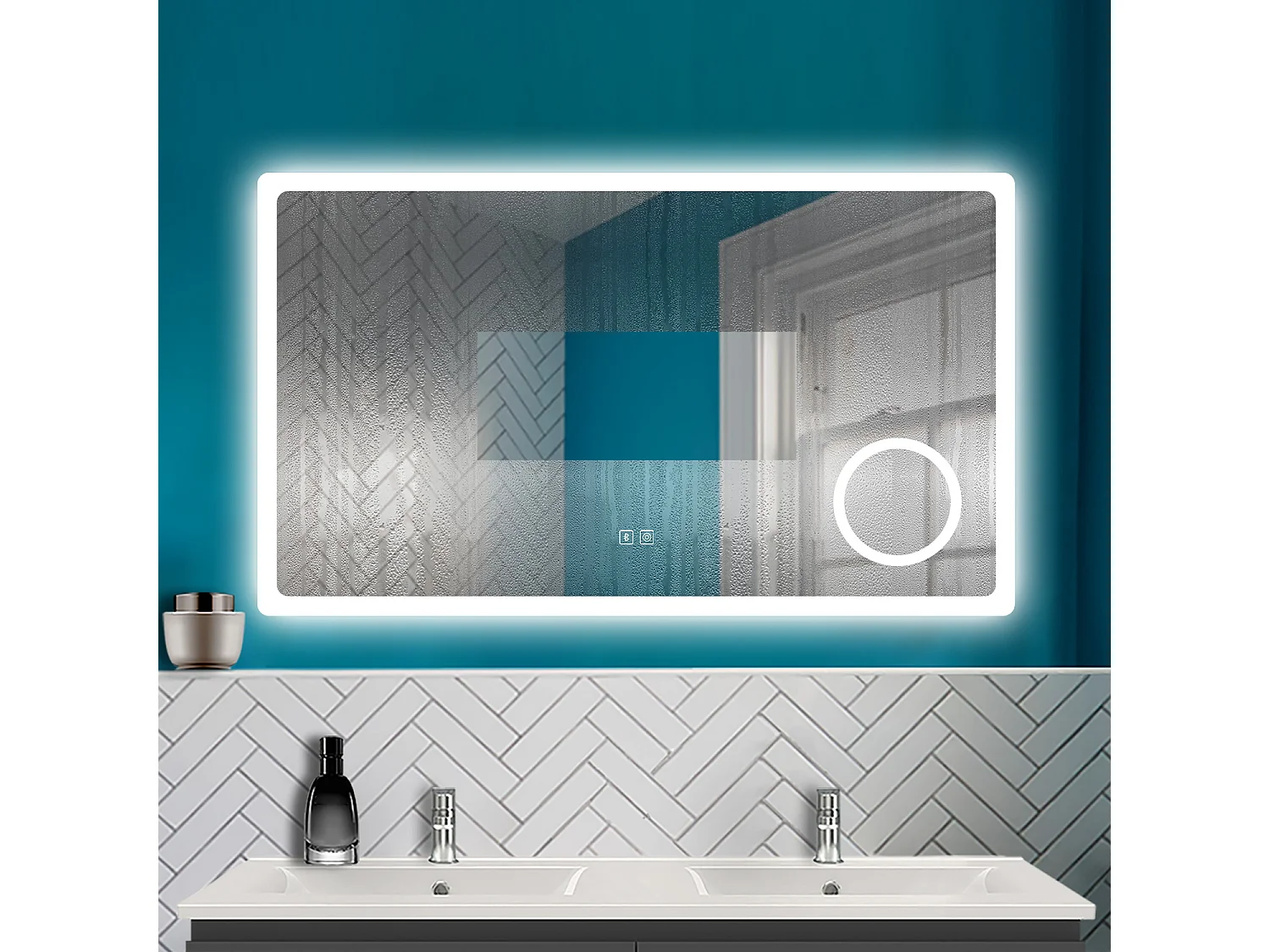 AICA 100 x 60 cm Specchio da bagno rettangolare a LED con Bluetooth + lente d'ingrandimento + antiappannamento + 3 temperature di colore