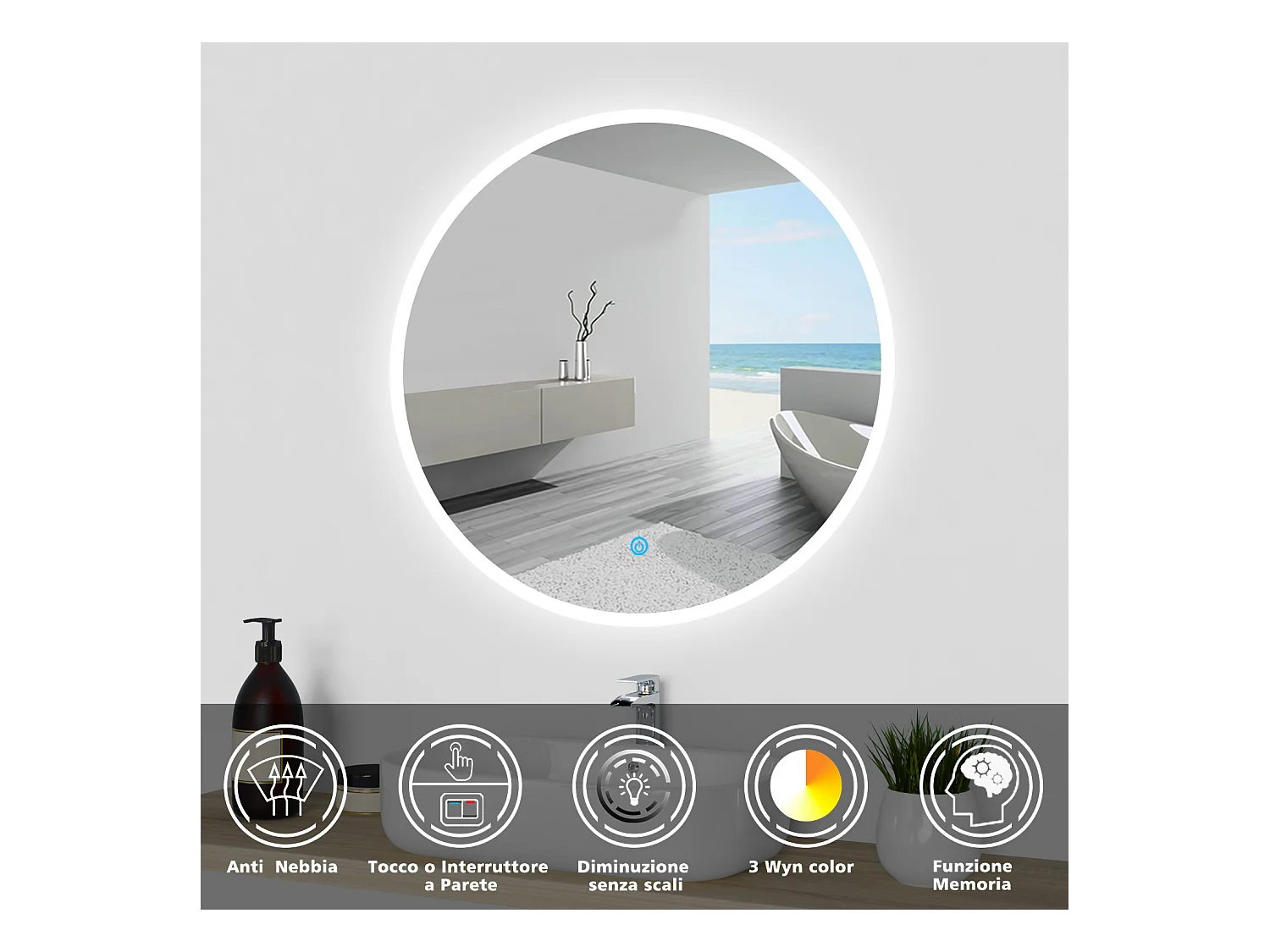 AICA 70 x 70 cm Specchio da bagno rotondo con LED, con antiappannamento + memoria per interruzione di corrente + tre temperature di colore