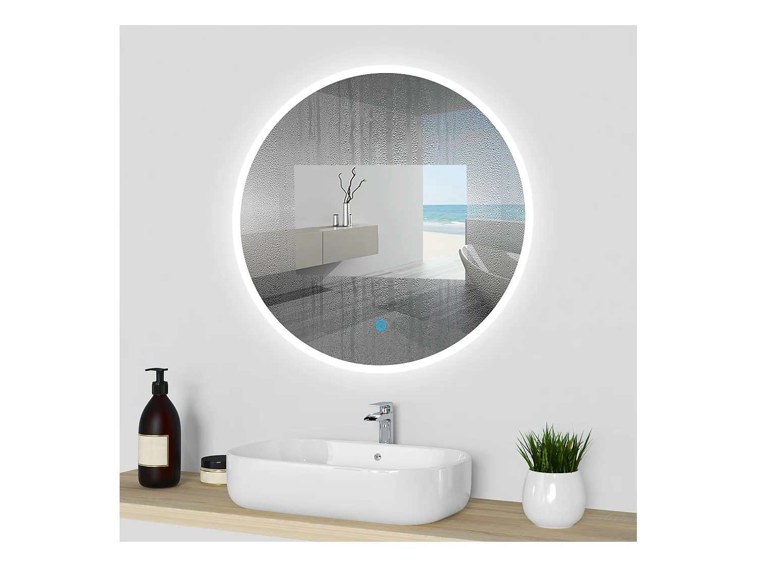 AICA 70 x 70 cm Specchio da bagno rotondo con LED, con antiappannamento + memoria per interruzione di corrente + tre temperature di colore