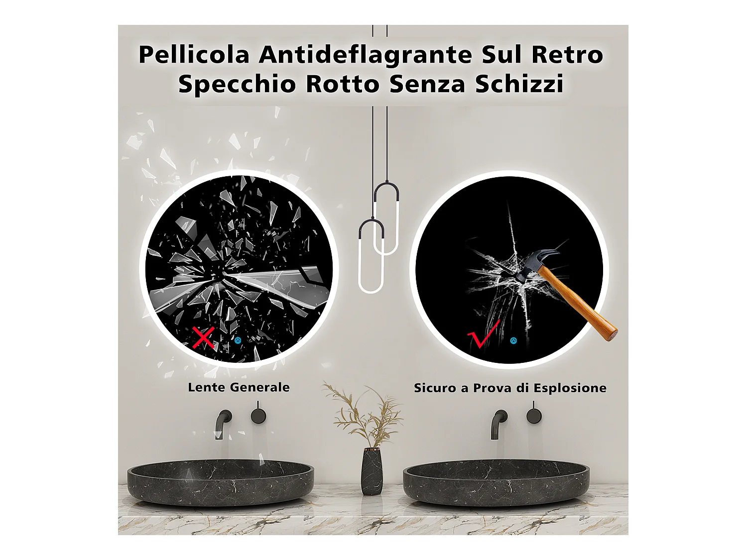 AICA 70 x 70 cm Specchio da bagno rotondo con LED, con antiappannamento + memoria per interruzione di corrente + tre temperature di colore