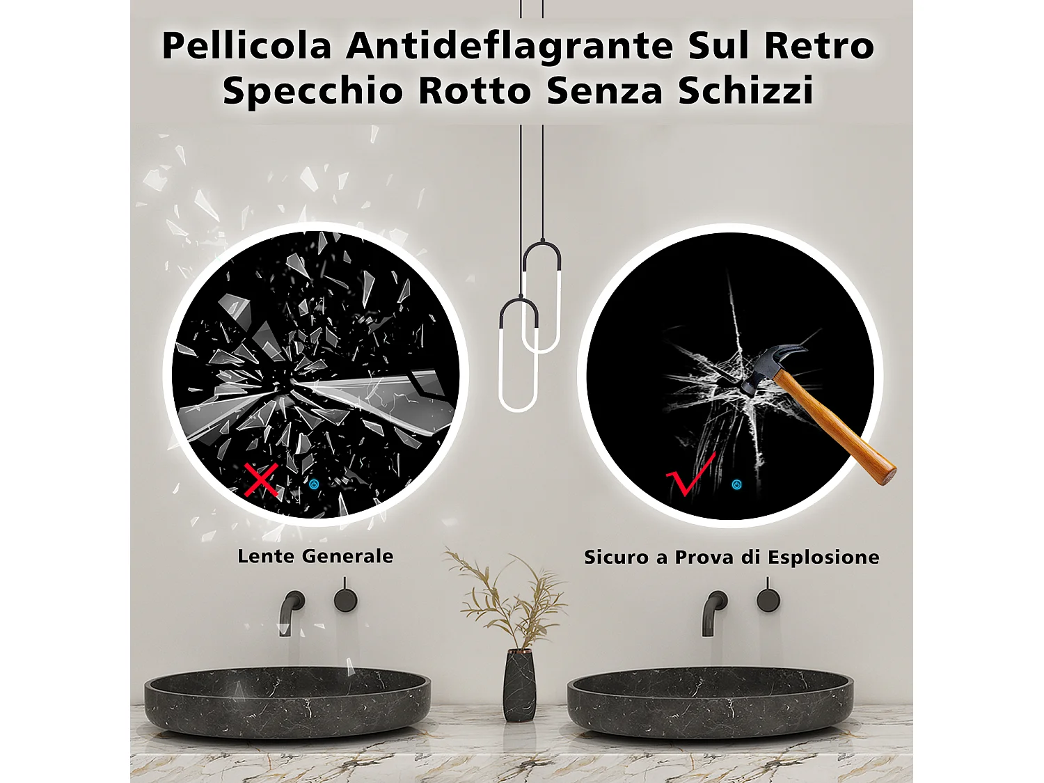 AICA 100 x 100 cm Specchio da bagno rotondo con LED, con antiappannamento + memoria di mancanza di corrente + dimmerabile all'infinito