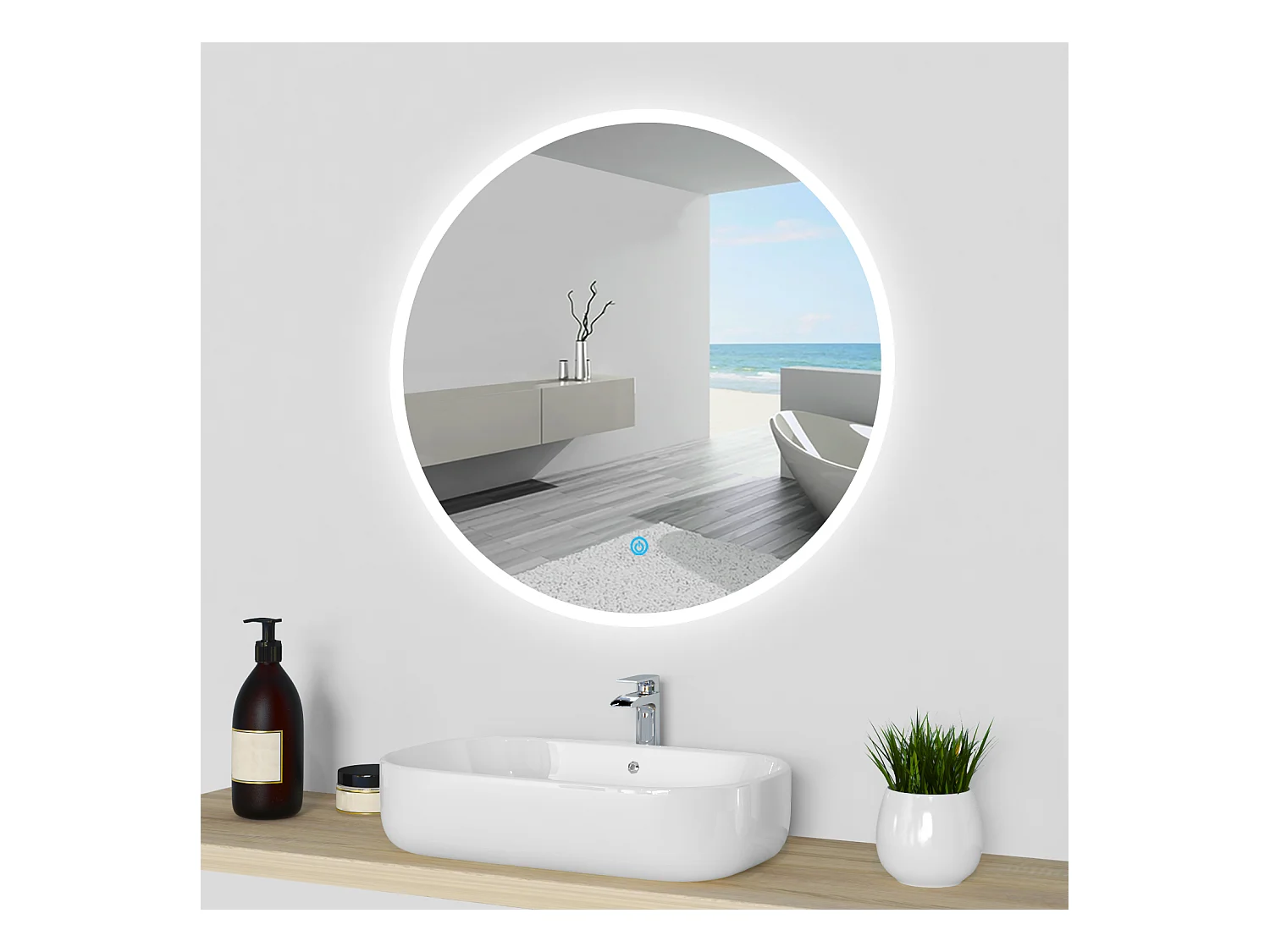 AICA Specchio da bagno rotondo con LED, diametro 80 cm, con antiappannamento + memoria per interruzione di corrente + tre temperature di colore