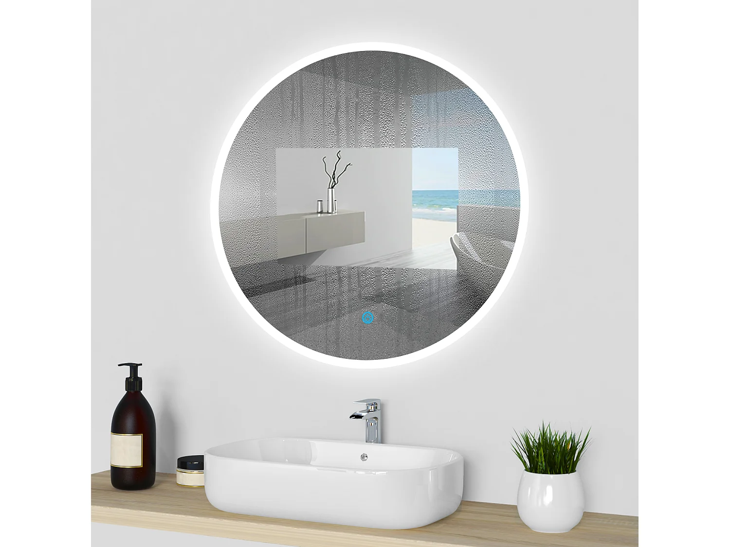 AICA Specchio da bagno rotondo con LED, diametro 80 cm, con antiappannamento + memoria per interruzione di corrente + tre temperature di colore