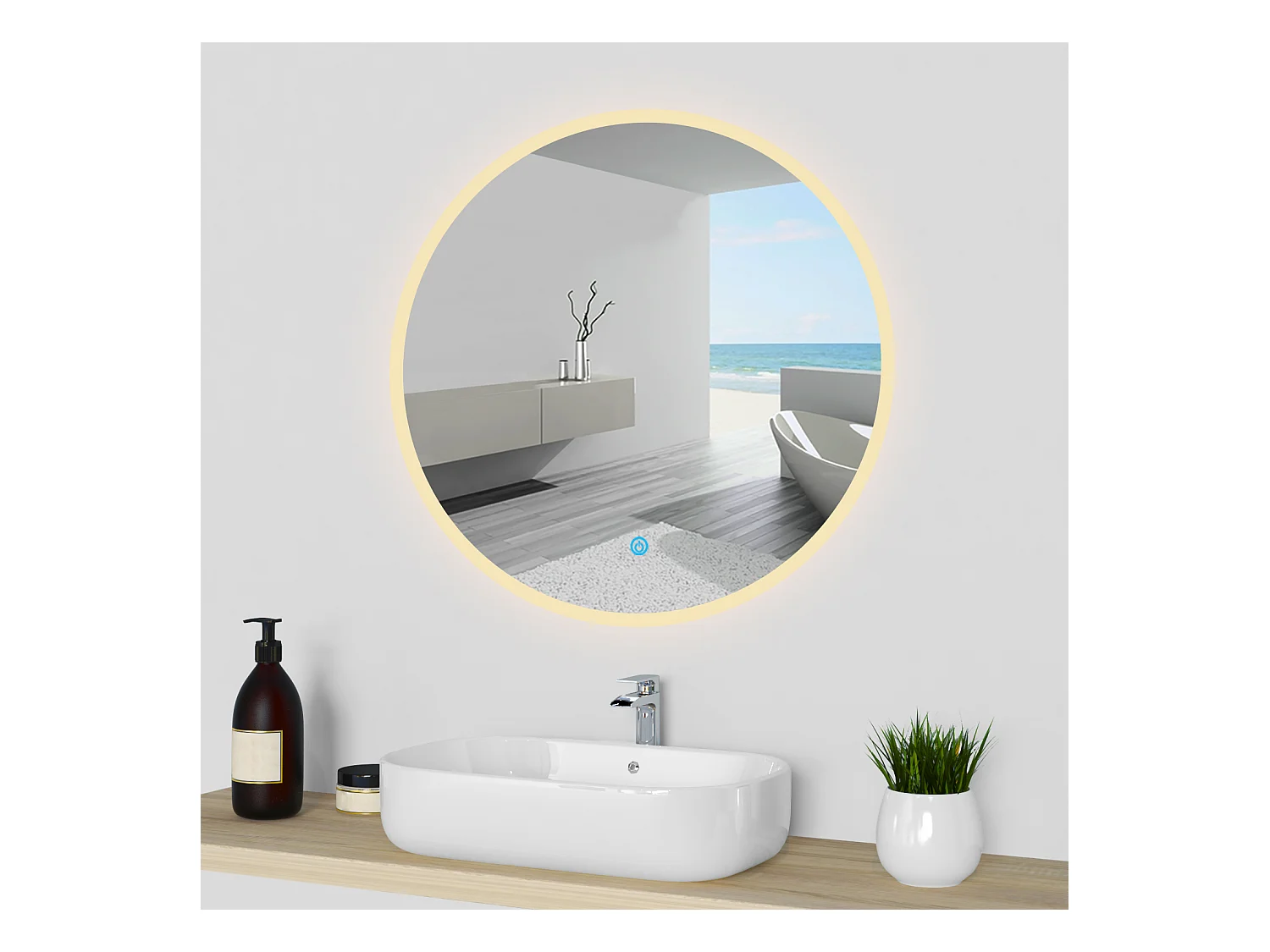 AICA Specchio da bagno rotondo con LED, diametro 80 cm, con antiappannamento + memoria per interruzione di corrente + tre temperature di colore