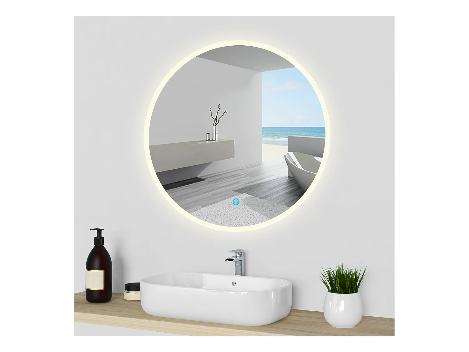 AICA Specchio da bagno rotondo con LED, diametro 80 cm, con antiappannamento + memoria per interruzione di corrente + tre temperature di colore