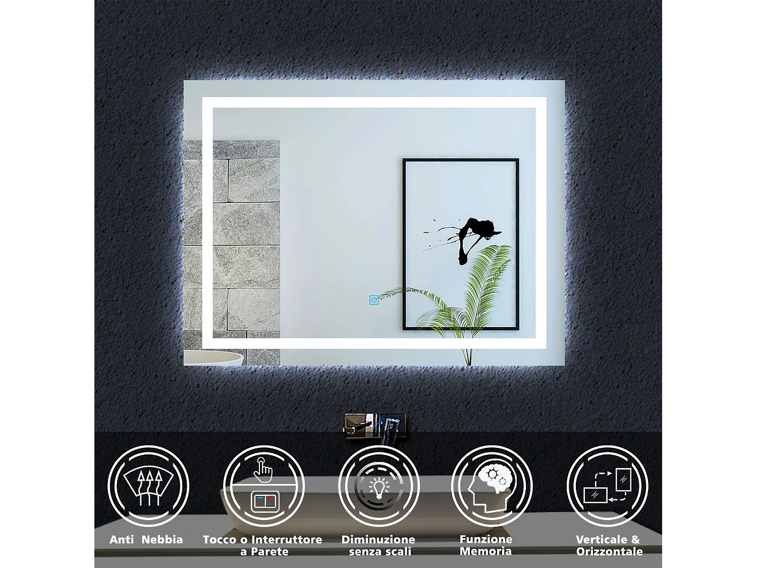 AICA 100 x 60 cm Specchio da bagno rettangolare a LED con antiappannamento + memoria di mancanza di corrente + oscuramento infinito