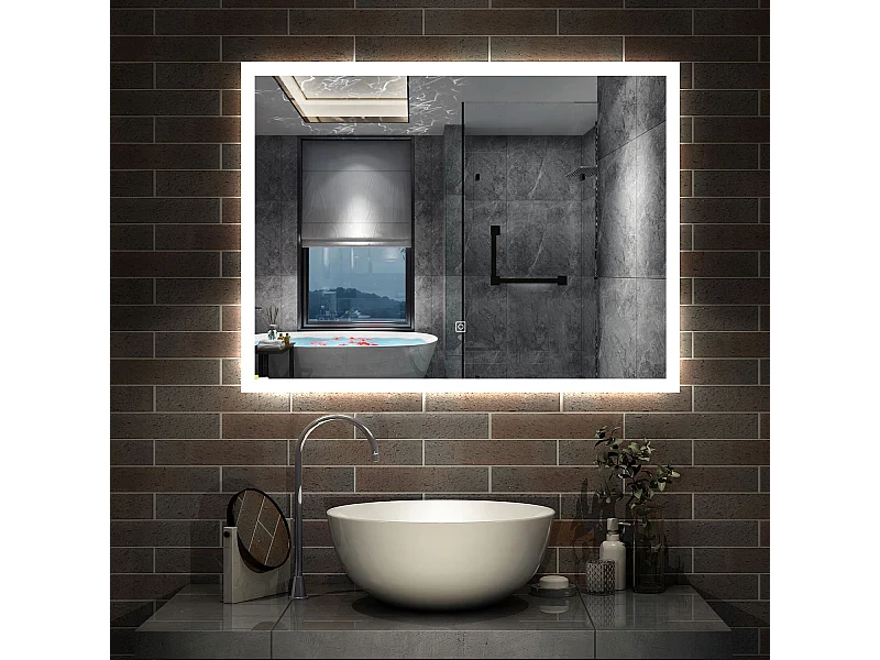 AICA Specchio da bagno rettangolare con LED, 60 x 50 cm, antiappannamento + memoria interruzione di corrente + 3 temperature di colore