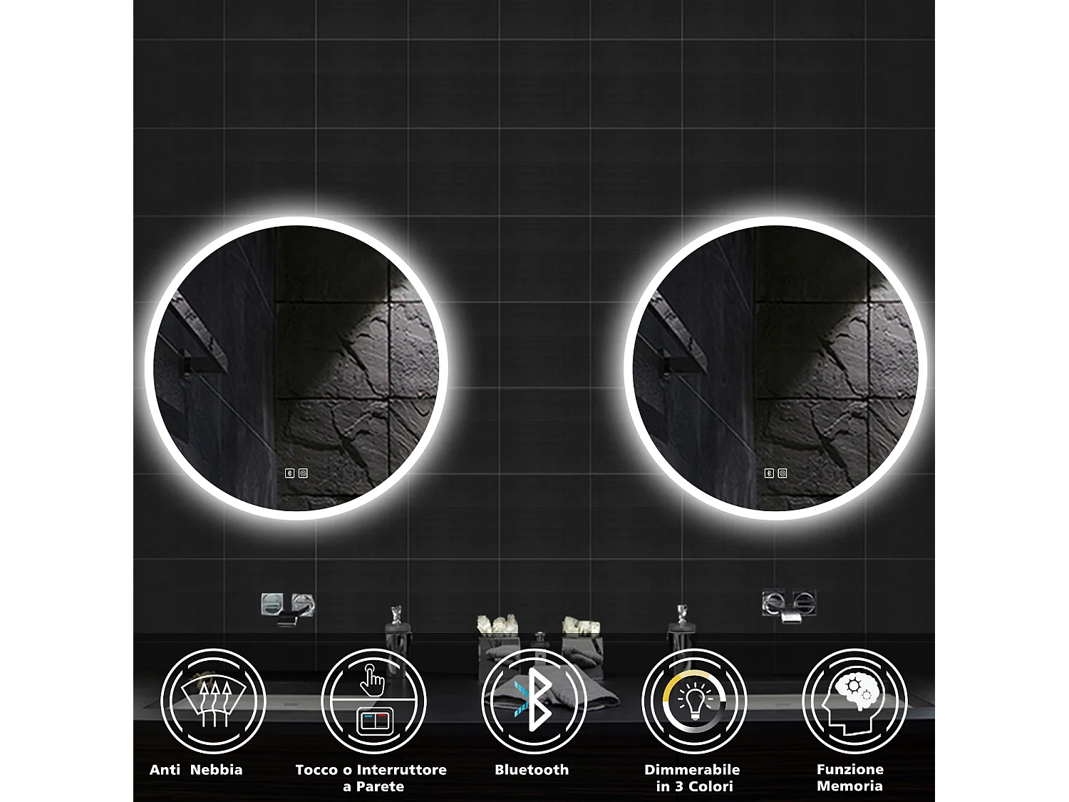 AICA Specchio da bagno rotondo con LED, diametro 80 cm, con Bluetooth + antiappannamento + 3 temperature di colore