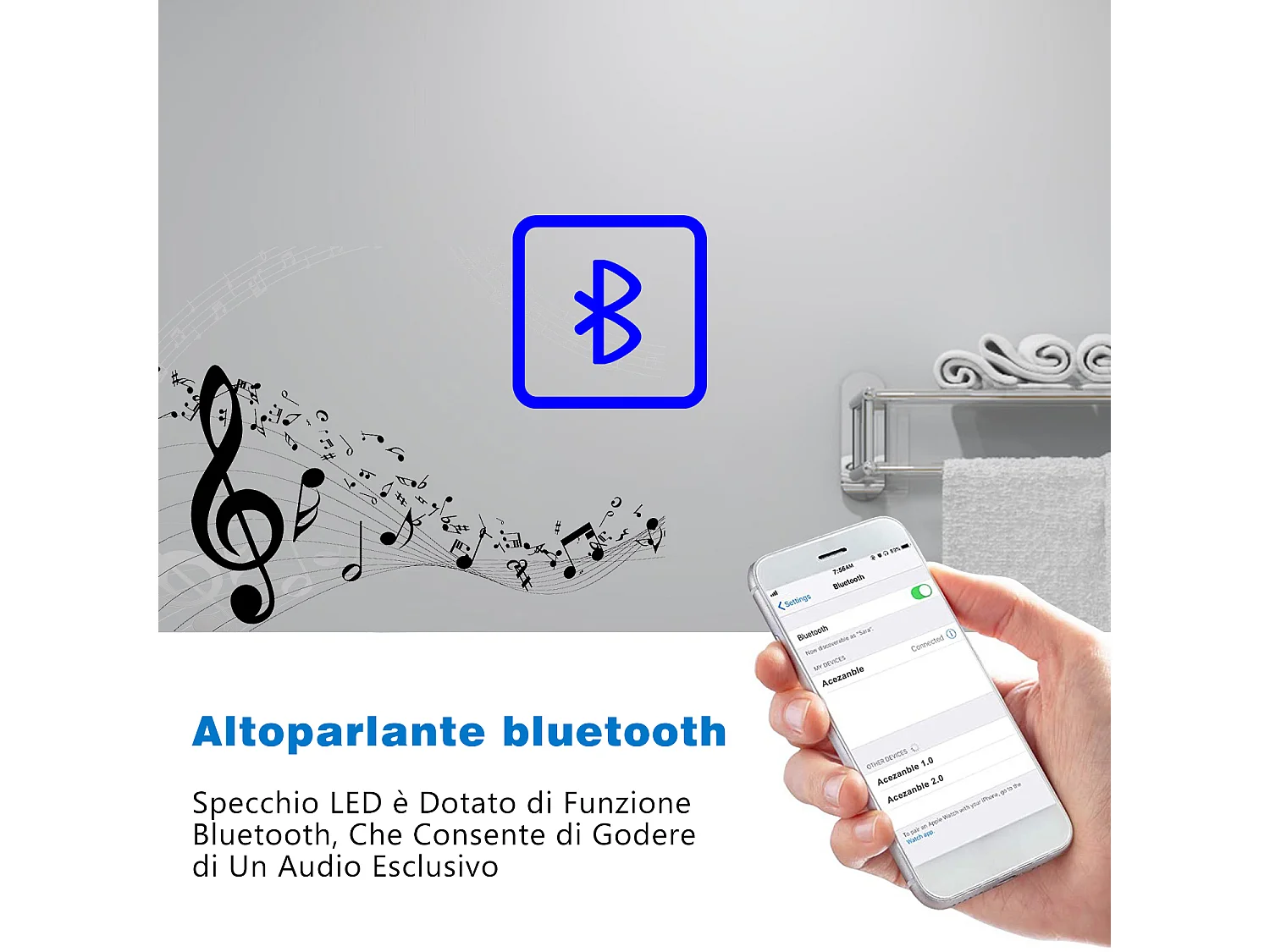 AICA Specchio da bagno rotondo con LED, diametro 80 cm, con Bluetooth + antiappannamento + 3 temperature di colore