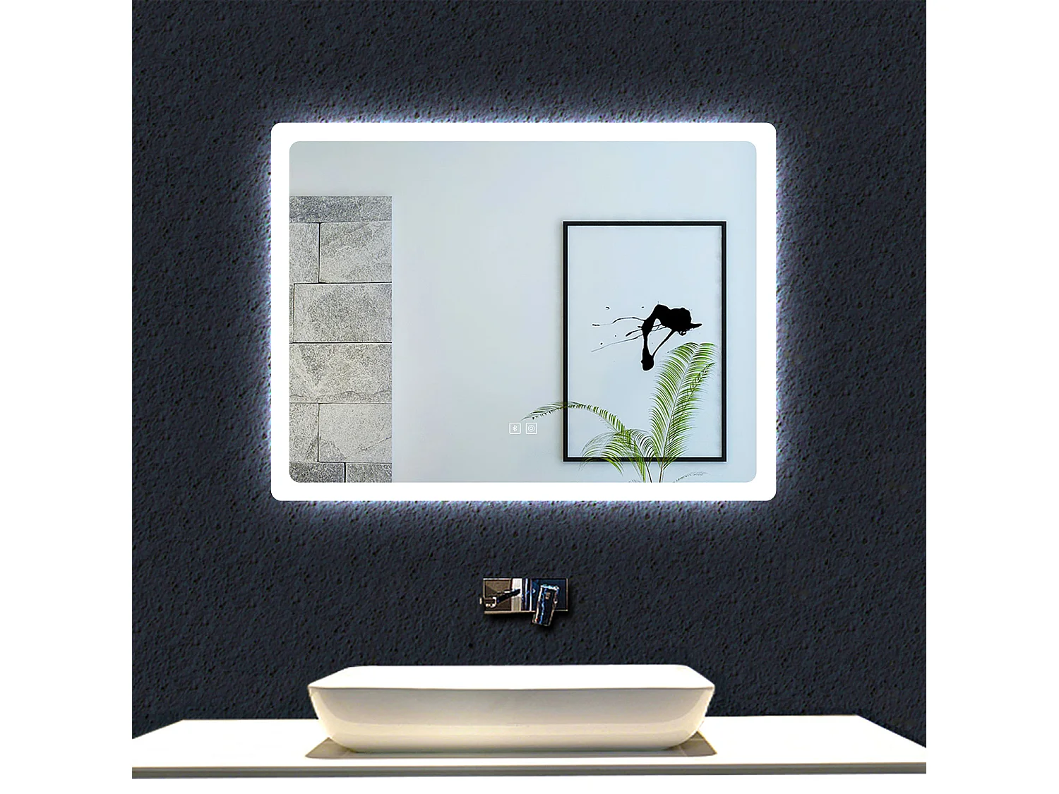 AICA Specchio da bagno rettangolare a LED 80 x 60 cm. Con Bluetooth, 3 temperature di colore, anti appannamento