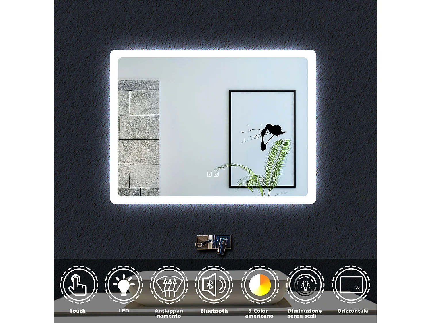 AICA Specchio da bagno rettangolare a LED 80 x 60 cm. Con Bluetooth, 3 temperature di colore, anti appannamento