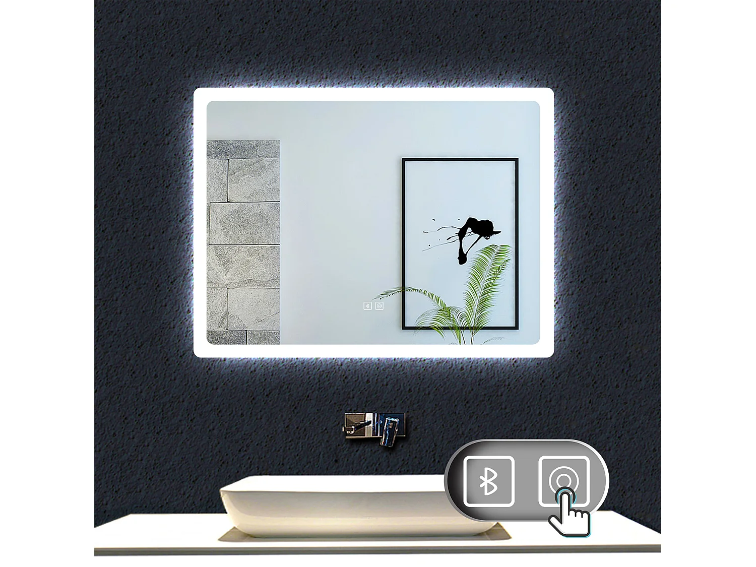 AICA Specchio da bagno rettangolare a LED 80 x 60 cm. Con Bluetooth, 3 temperature di colore, anti appannamento