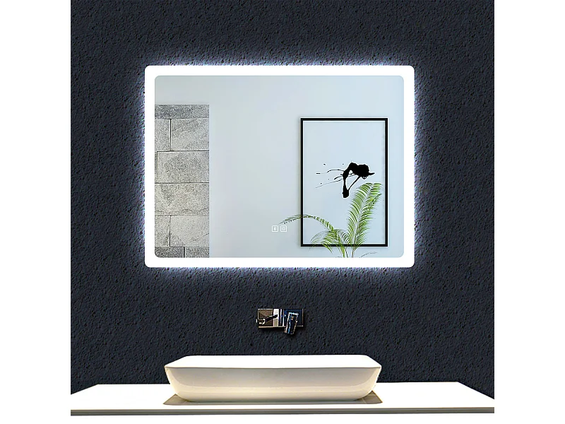 AICA Specchio da bagno rettangolare a LED 80 x 60 cm. Con Bluetooth, 3 temperature di colore, anti appannamento