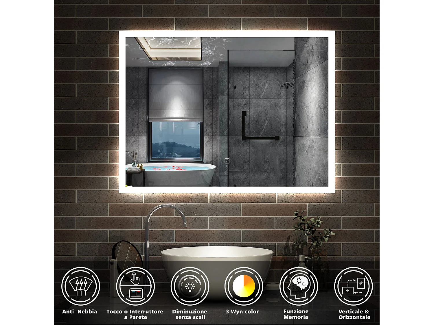 AICA Specchio da bagno rettangolare con LED, 80 x 60 cm, antiappannamento + memoria interruzione di corrente + 3 temperature di colore