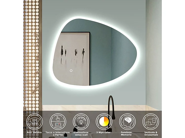 AICA Specchio da bagno Strange Shape con LED, 80 x 65 cm, con antiappannamento + 3 temperature di colore + memoria di interruzione di corrente