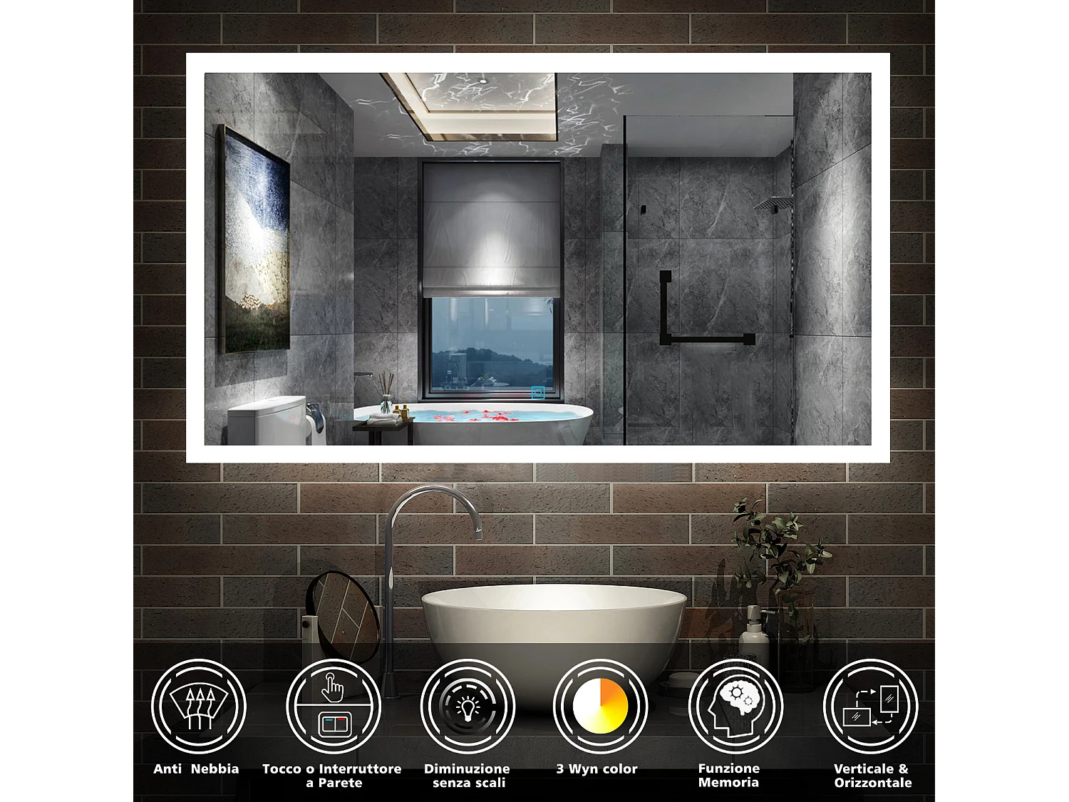 AICA Specchio da bagno rettangolare con LED, 120 x 70 cm, antiappannamento + memoria interruzione di corrente + 3 temperature di colore
