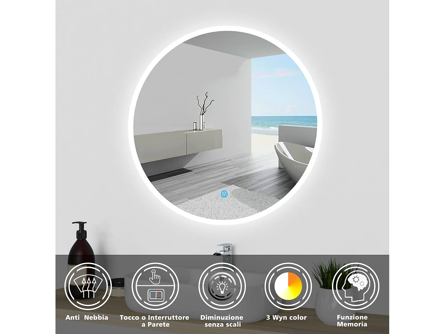 AICA Specchio da bagno rotondo con LED, diametro 60 cm, con antiappannamento + memoria per interruzione di corrente + tre temperature di colore