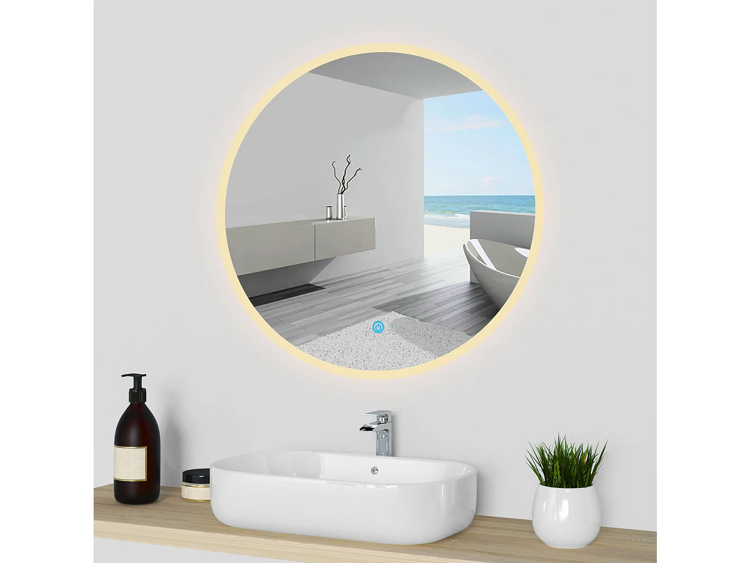 AICA Specchio da bagno rotondo con LED, diametro 60 cm, con antiappannamento + memoria per interruzione di corrente + tre temperature di colore