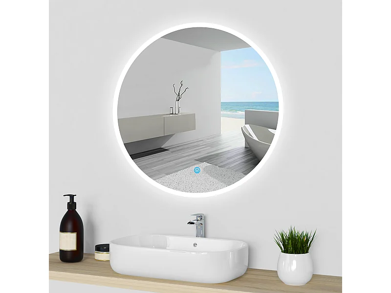 AICA Specchio da bagno rotondo con LED, diametro 60 cm, con antiappannamento + memoria per interruzione di corrente + tre temperature di colore
