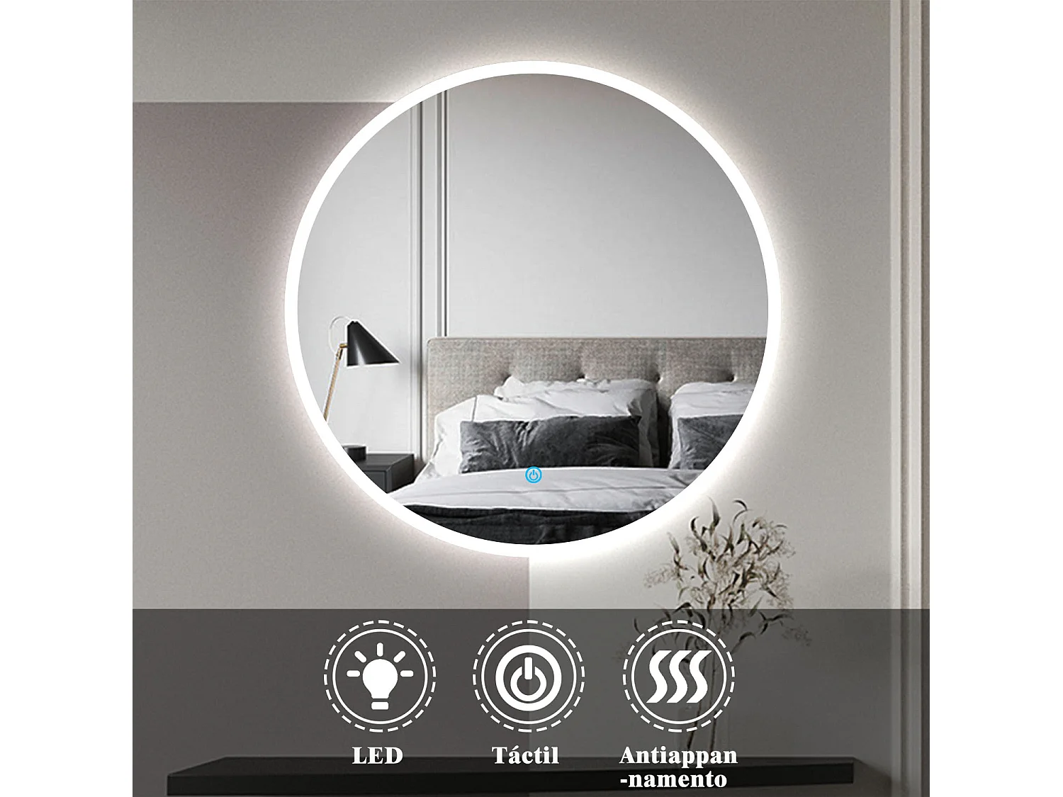 AICA Specchio da bagno rotondo con LED, diametro 90 cm, con antiappannamento + memoria di mancanza di corrente + dimmerabile all'infinito