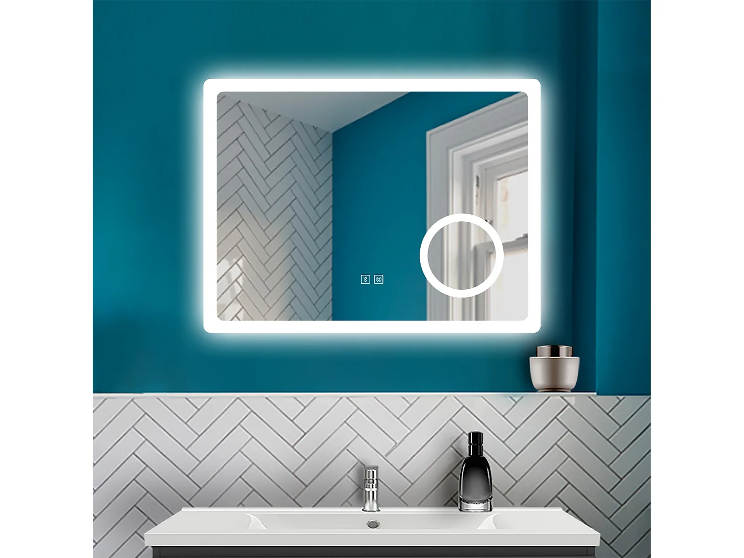AICA 80 x 60 cm Specchio da bagno rettangolare a LED con Bluetooth + lente d'ingrandimento + antiappannamento + 3 temperature di colore