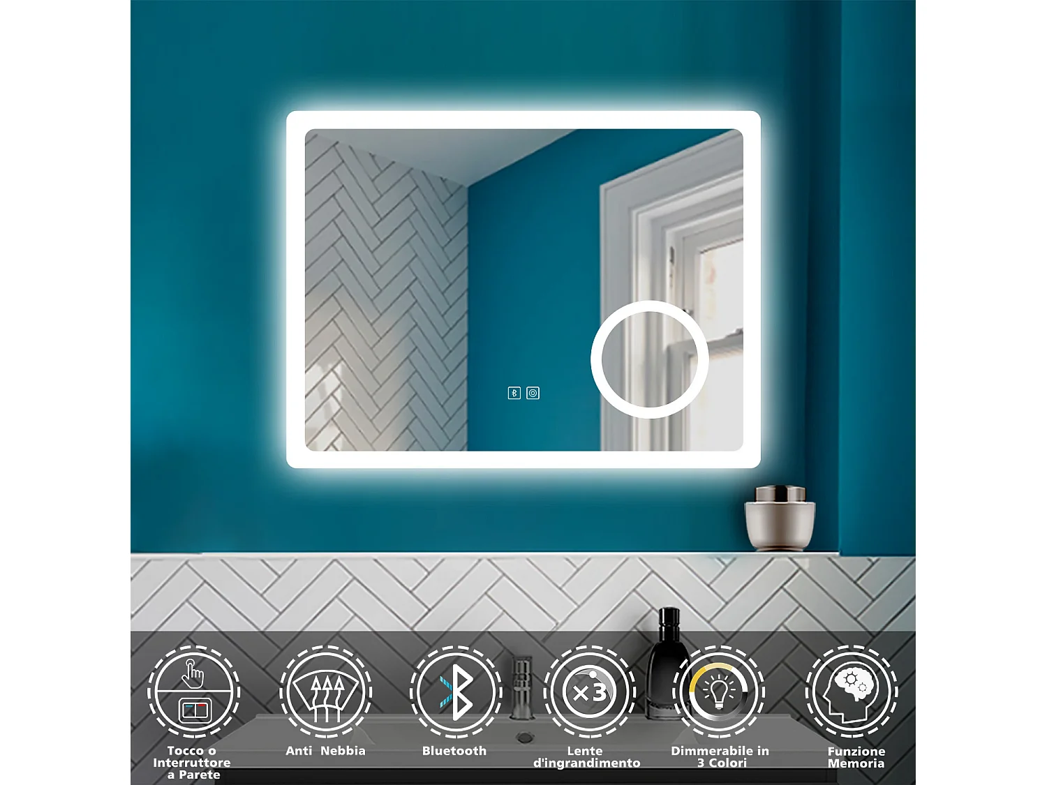 AICA 80 x 60 cm Specchio da bagno rettangolare a LED con Bluetooth + lente d'ingrandimento + antiappannamento + 3 temperature di colore